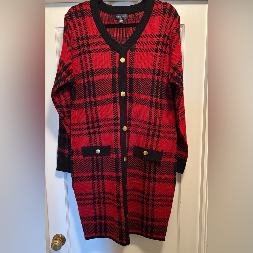 Red and Black Plaid Women's Sweater